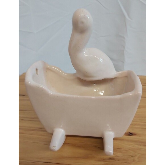 1939 Haeger Baby Cradle Planter pink Pottery Stork Mid Century Nursery Vase Vtg - Picture 3 of 10